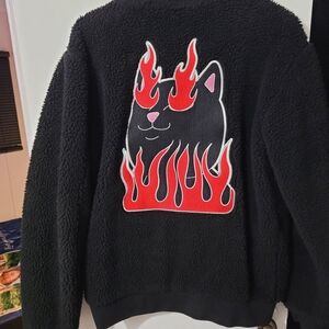 Black Fleece Jacket with Cat and Flames Design
